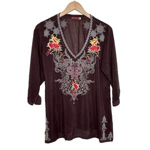 Johnny Was Floral Embroidered V-Neck Tunic Blouse Sz Small Brown 3/4 Sleeve